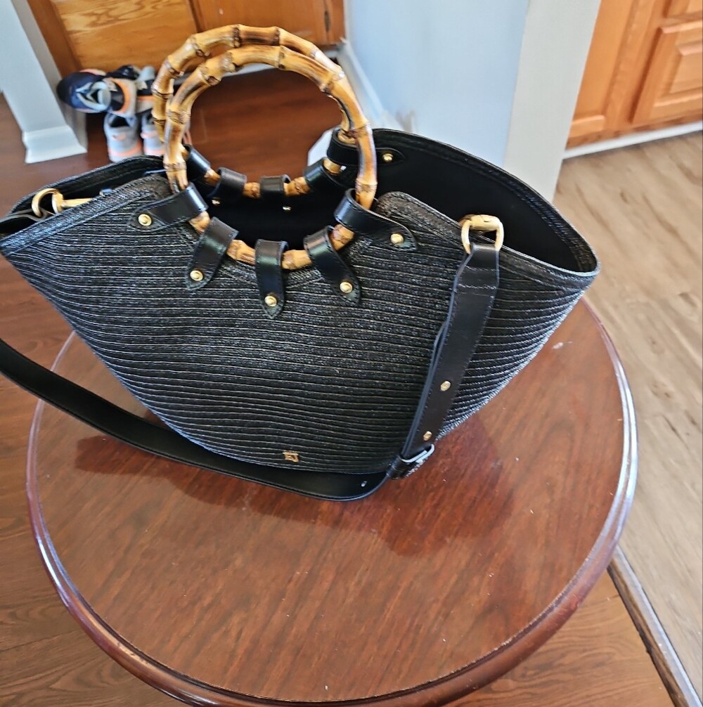 Eric Javits Black Woven Tote with Bamboo Ring Handles - Picture 4 of 12
